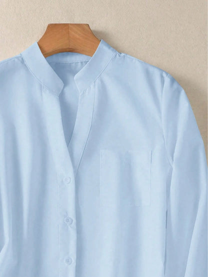 Women's Solid V Neck Button Down Shirt, Long Sleeve Casual Elegant Blouse With Pocket, Daily, Holiday, Travel, Spring Summer Fall Winter Essential