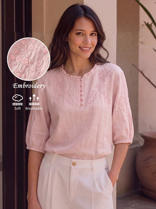 Women's Spring/Summer Viscose Embroidered Lightweight Loose Vintage Artistic Mid-Sleeve Blouse, Pink Top