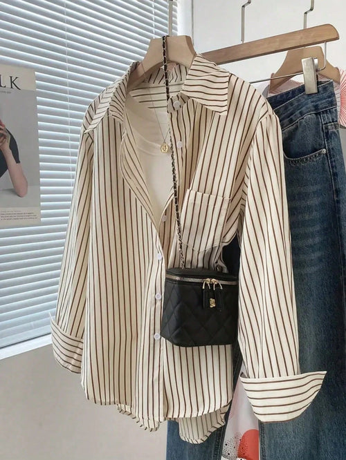 Women's Striped Button-Front Pocket Shirt, Casual Everyday Wear Spring