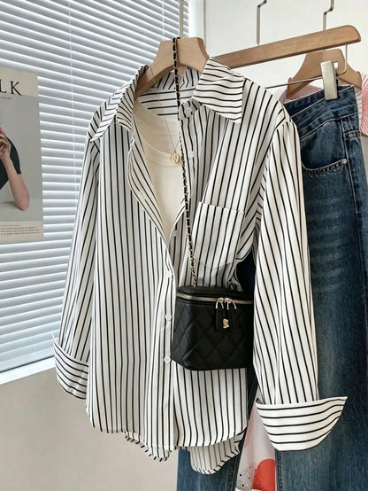 Women's Striped Button-Front Pocket Shirt, Casual Everyday Wear Spring
