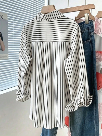 Women's Striped Button-Front Pocket Shirt, Casual Everyday Wear Spring