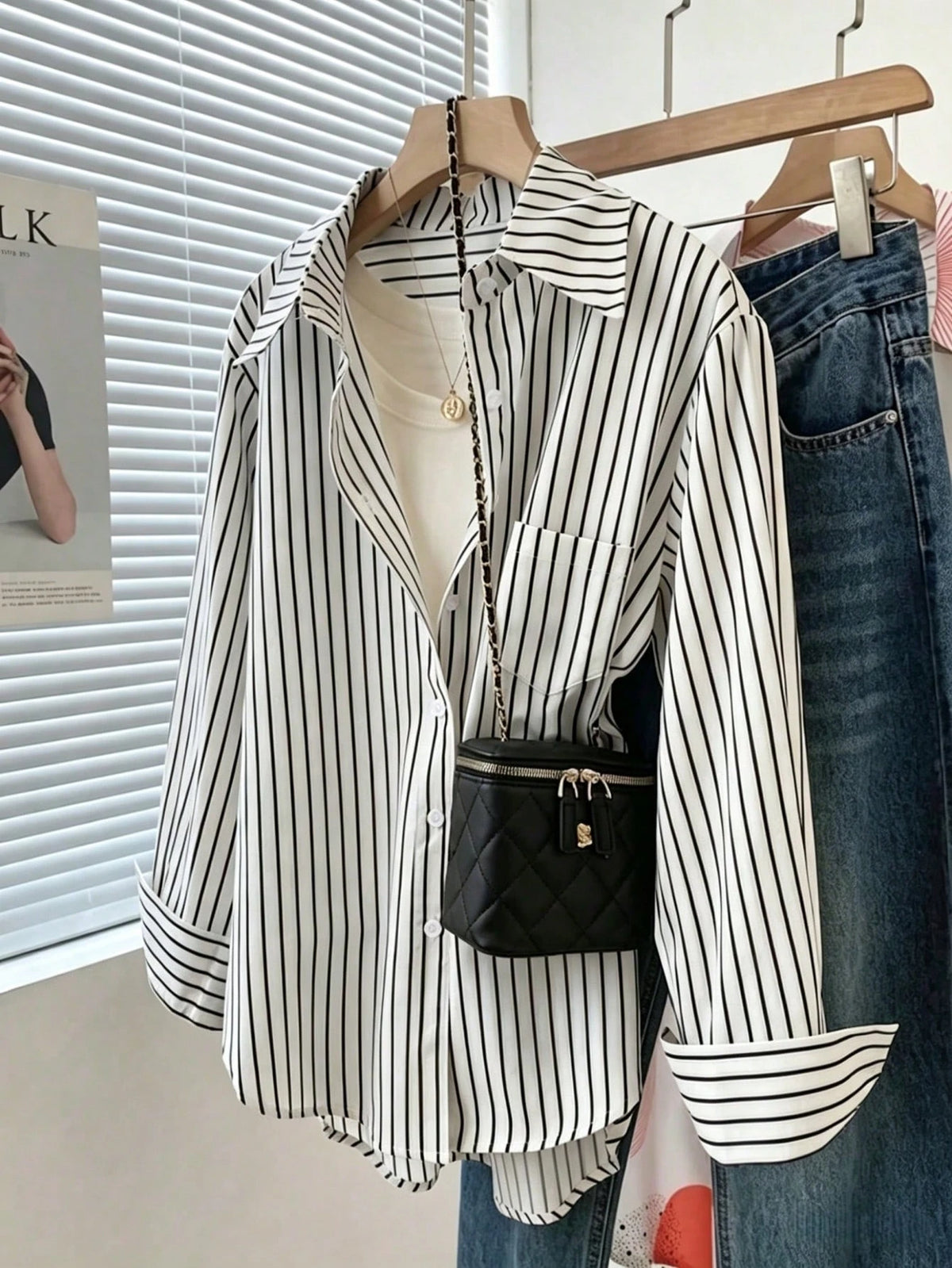Women's Striped Button-Front Pocket Shirt, Casual Everyday Wear Spring