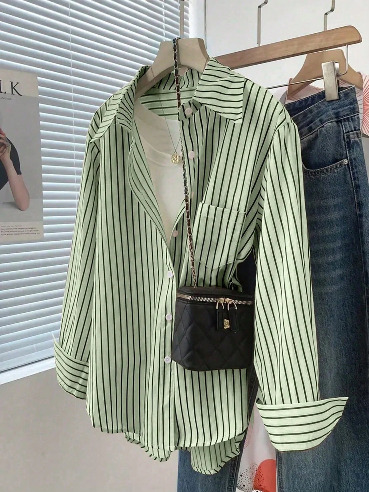 Women's Striped Button-Front Pocket Shirt, Casual Everyday Wear Spring