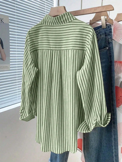 Women's Striped Button-Front Pocket Shirt, Casual Everyday Wear Spring