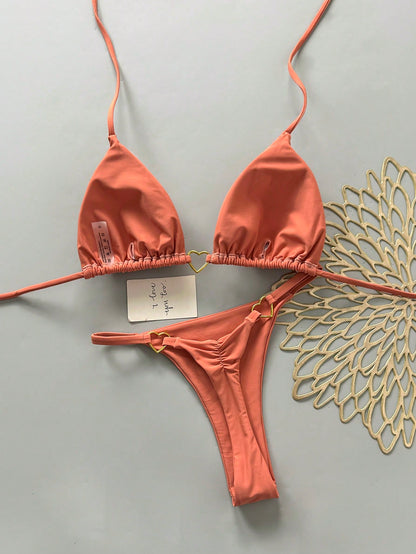 Women's Summer Beach Solid Color Halter Tie Casual Bikini And Triangle Panty Swimwear Set Vacation