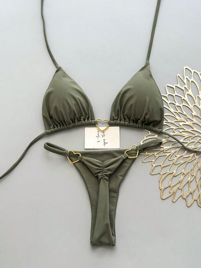 Women's Summer Beach Solid Color Halter Tie Casual Bikini And Triangle Panty Swimwear Set Vacation