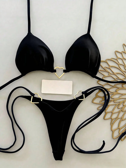 Women's Summer Beach Solid Color Tie Sexy Bikini Swimwear Set Vacation Black