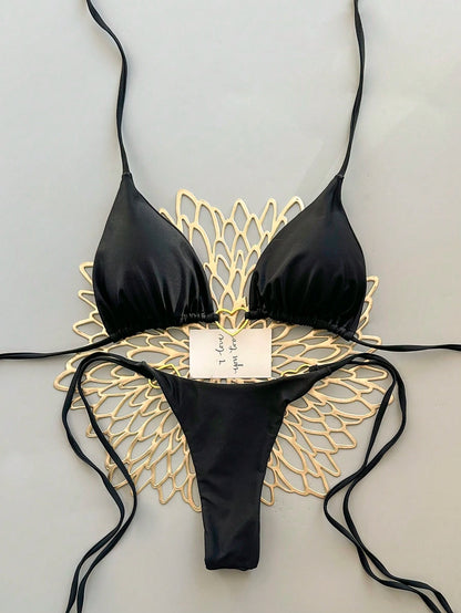 Women's Summer Beach Solid Color Tie Sexy Bikini Swimwear Set Vacation Black