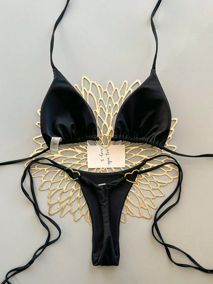 Women's Summer Beach Solid Color Tie Sexy Bikini Swimwear Set Vacation Black