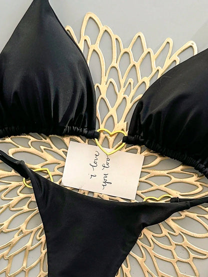Women's Summer Beach Solid Color Tie Sexy Bikini Swimwear Set Vacation Black