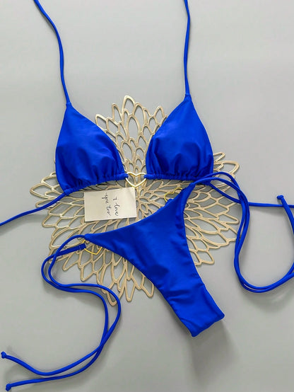 Women's Summer Beach Solid Color Tie Sexy Bikini Swimwear Set Vacation Black
