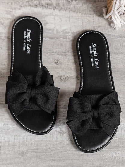 Women's Summer Bow Decor Comfy Sandals, Casual Open Toe Flat Slippers, Round Toe Woven Outdoor Beach Shoes