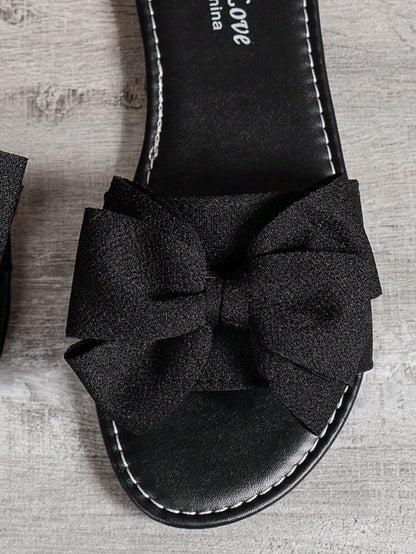 Women's Summer Bow Decor Comfy Sandals, Casual Open Toe Flat Slippers, Round Toe Woven Outdoor Beach Shoes