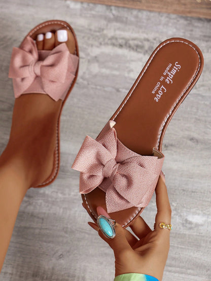 Women's Summer Bow Decor Comfy Sandals, Casual Open Toe Flat Slippers, Round Toe Woven Outdoor Beach Shoes