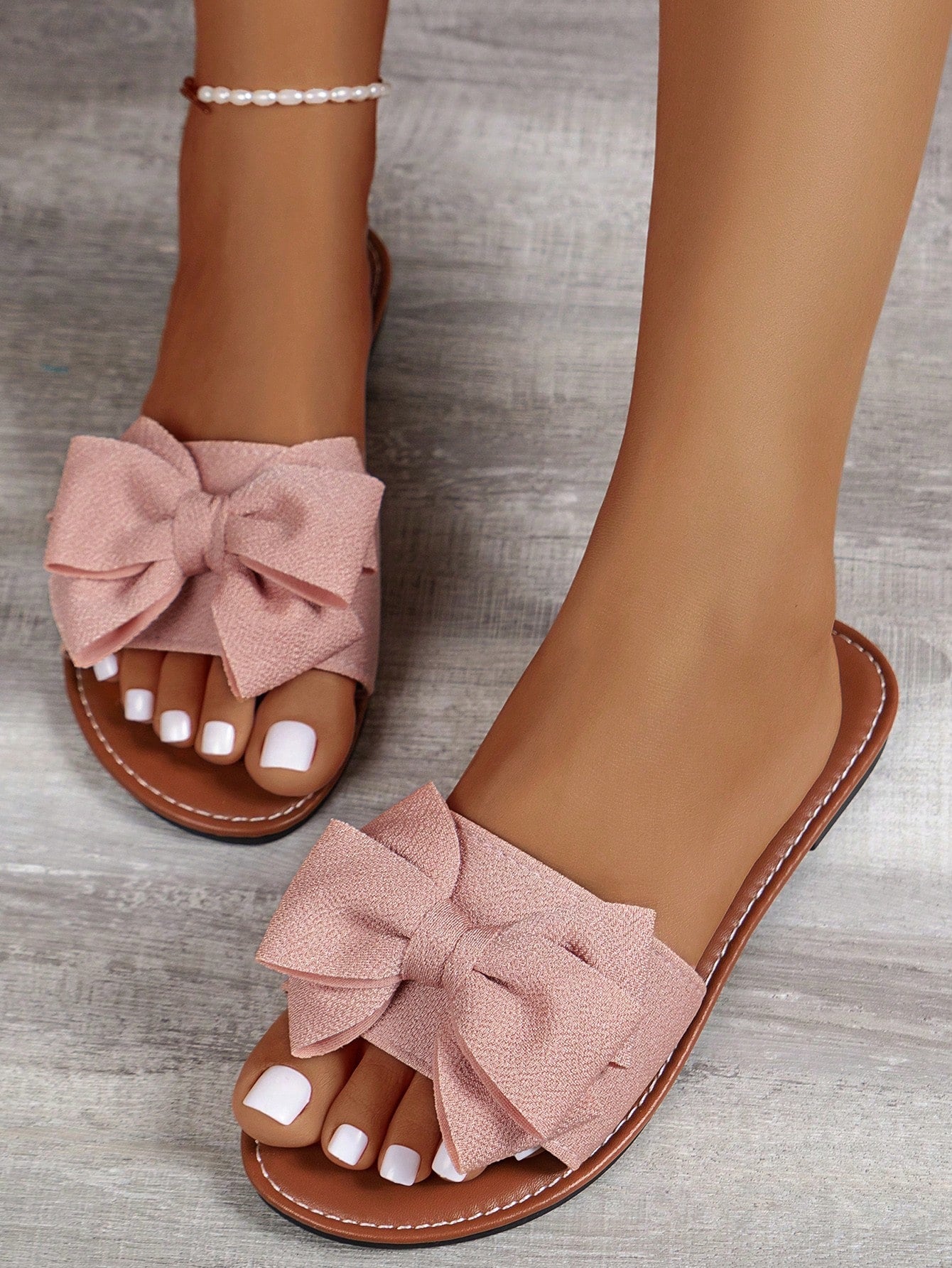 Women's Summer Bow Decor Comfy Sandals, Casual Open Toe Flat Slippers, Round Toe Woven Outdoor Beach Shoes