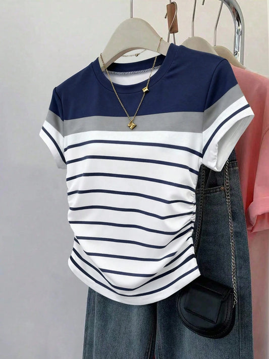 Women's Summer Casual Vacation Multicolor Striped T-Shirt,Navy And White Patterned Outdoor Tops,Fitted Ruched Waist New Arrival Outdoor Wear