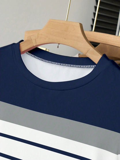 Women's Summer Casual Vacation Multicolor Striped T-Shirt,Navy And White Patterned Outdoor Tops,Fitted Ruched Waist New Arrival Outdoor Wear
