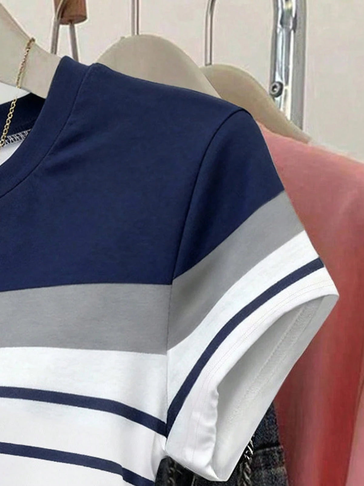 Women's Summer Casual Vacation Multicolor Striped T-Shirt,Navy And White Patterned Outdoor Tops,Fitted Ruched Waist New Arrival Outdoor Wear