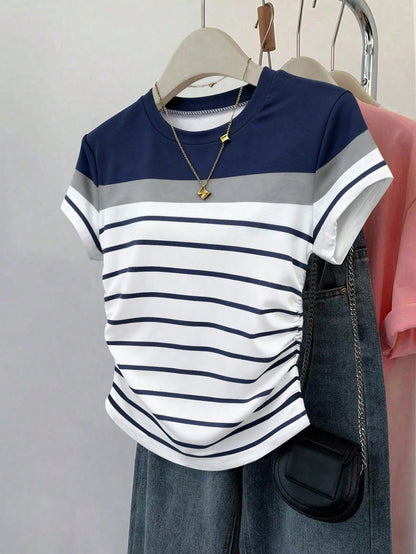 Women's Summer Casual Vacation Multicolor Striped T-Shirt,Navy And White Patterned Outdoor Tops,Fitted Ruched Waist New Arrival Outdoor Wear
