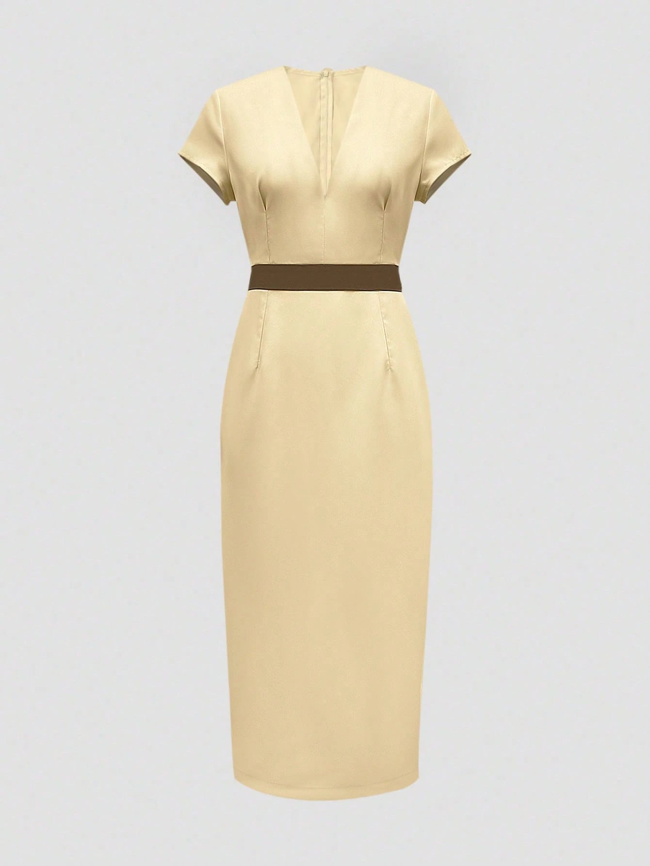 Women's Summer Elegant Fashion V-Neck Short Sleeve Solid Color Minimalist Daily Dress, Elegant V Neck Contrast Brown Waist Slim Pencil Midi Dress, Women Summer Business Casual Dress, Slim Fit Lightwei
