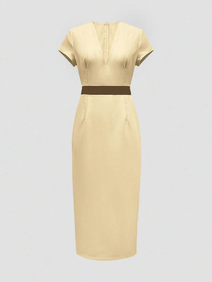 Women's Summer Elegant Fashion V-Neck Short Sleeve Solid Color Minimalist Daily Dress, Elegant V Neck Contrast Brown Waist Slim Pencil Midi Dress, Women Summer Business Casual Dress, Slim Fit Lightwei