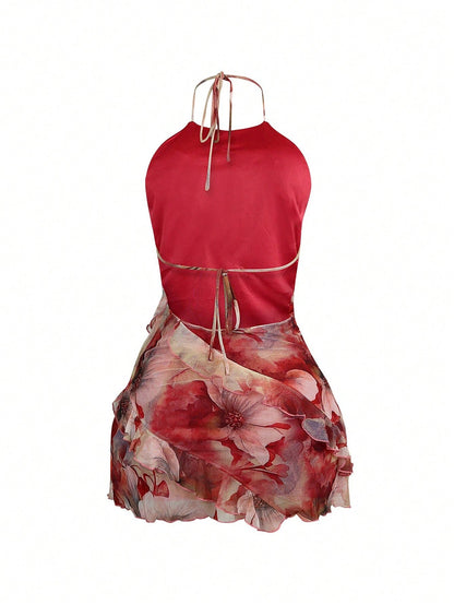 Women's Summer Halter Neck Backless Straps Suspenders Hip Ruffle Charm Fashion Hottie Sexy Party Mini Dress