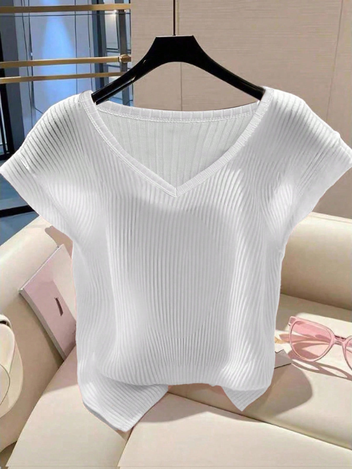 Women's Summer Solid Color V-Neck Short Sleeve Casual Loose T-Shirt
