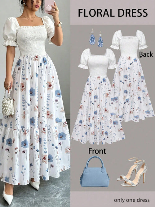 Women's Summer Vacation Floral Bright Print Waist Patchwork Dress, Elegant Waist Dress, Suitable For Valentine's Day Date, Floral Dress