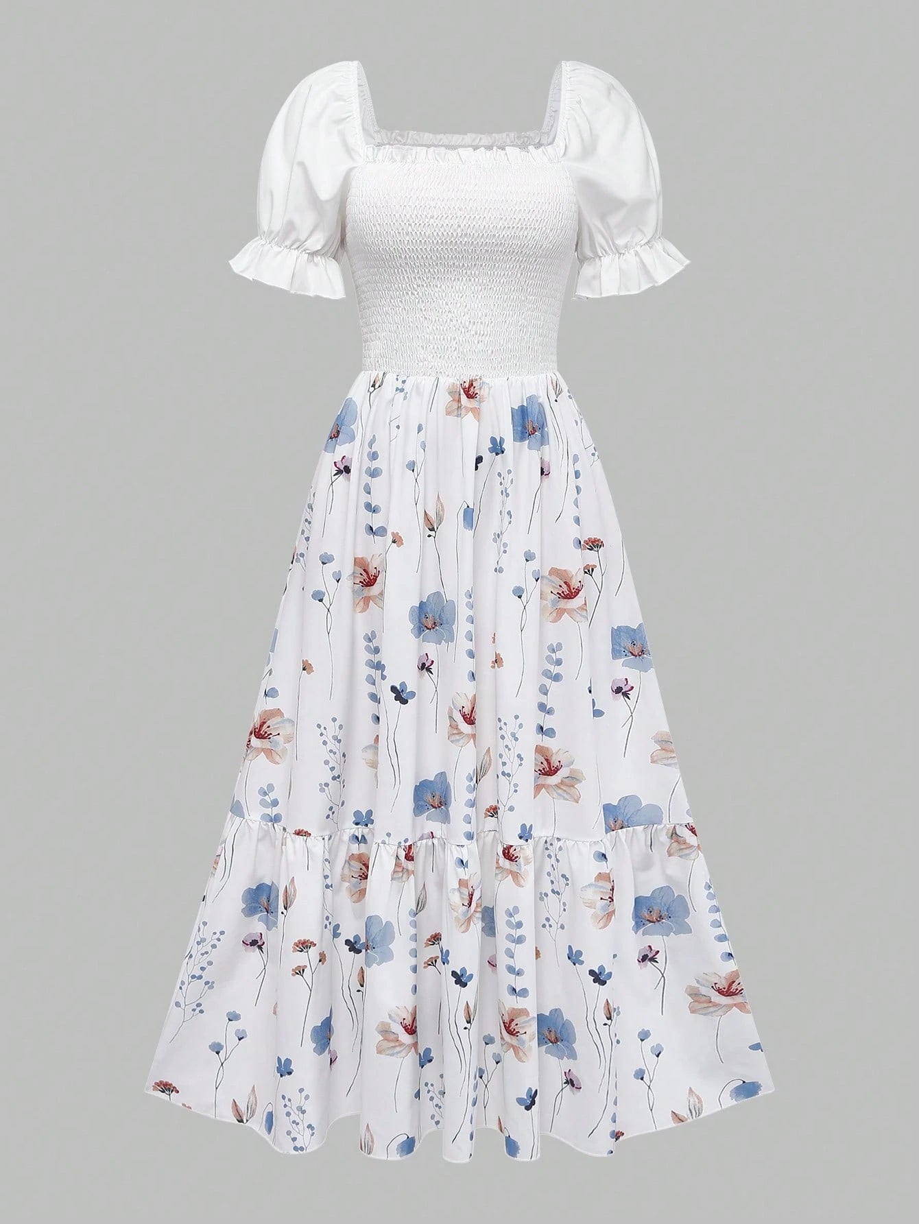 Women's Summer Vacation Floral Bright Print Waist Patchwork Dress, Elegant Waist Dress, Suitable For Valentine's Day Date, Floral Dress