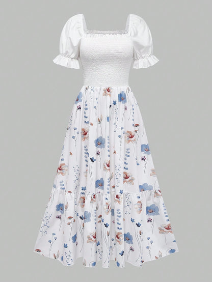 Women's Summer Vacation Floral Bright Print Waist Patchwork Dress, Elegant Waist Dress, Suitable For Valentine's Day Date, Floral Dress