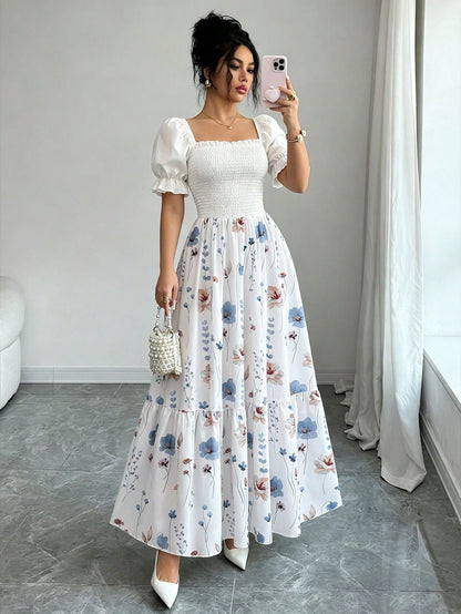 Women's Summer Vacation Floral Bright Print Waist Patchwork Dress, Elegant Waist Dress, Suitable For Valentine's Day Date, Floral Dress