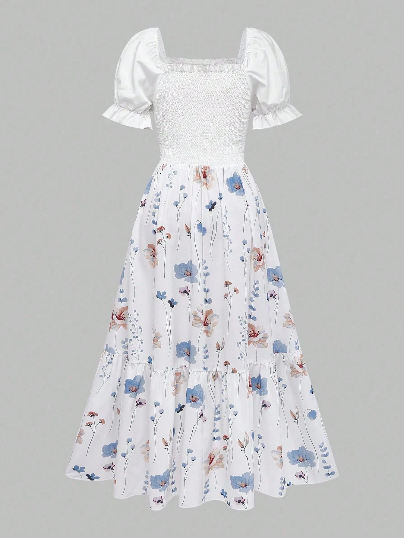 Women's Summer Vacation Floral Bright Print Waist Patchwork Dress, Elegant Waist Dress, Suitable For Valentine's Day Date, Floral Dress
