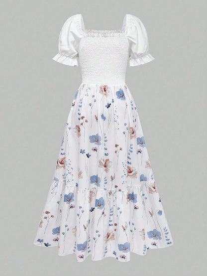 Women's Summer Vacation Floral Bright Print Waist Patchwork Dress, Elegant Waist Dress, Suitable For Valentine's Day Date, Floral Dress