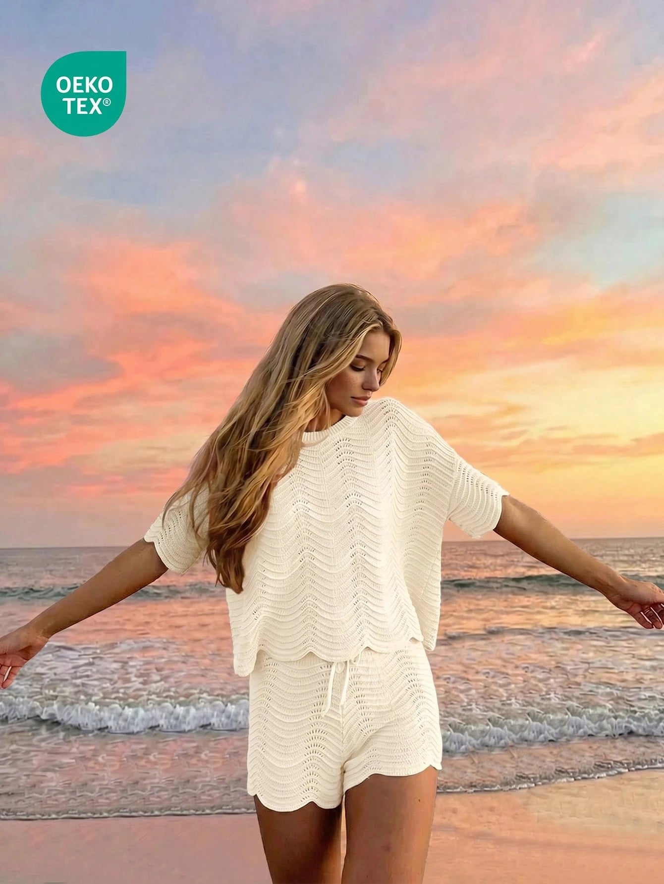 Women's Summer White Bohemian Style Casual Vacation Beach Crochet Round Neck Semi-Sheer Loose Crop Top And Shorts Set