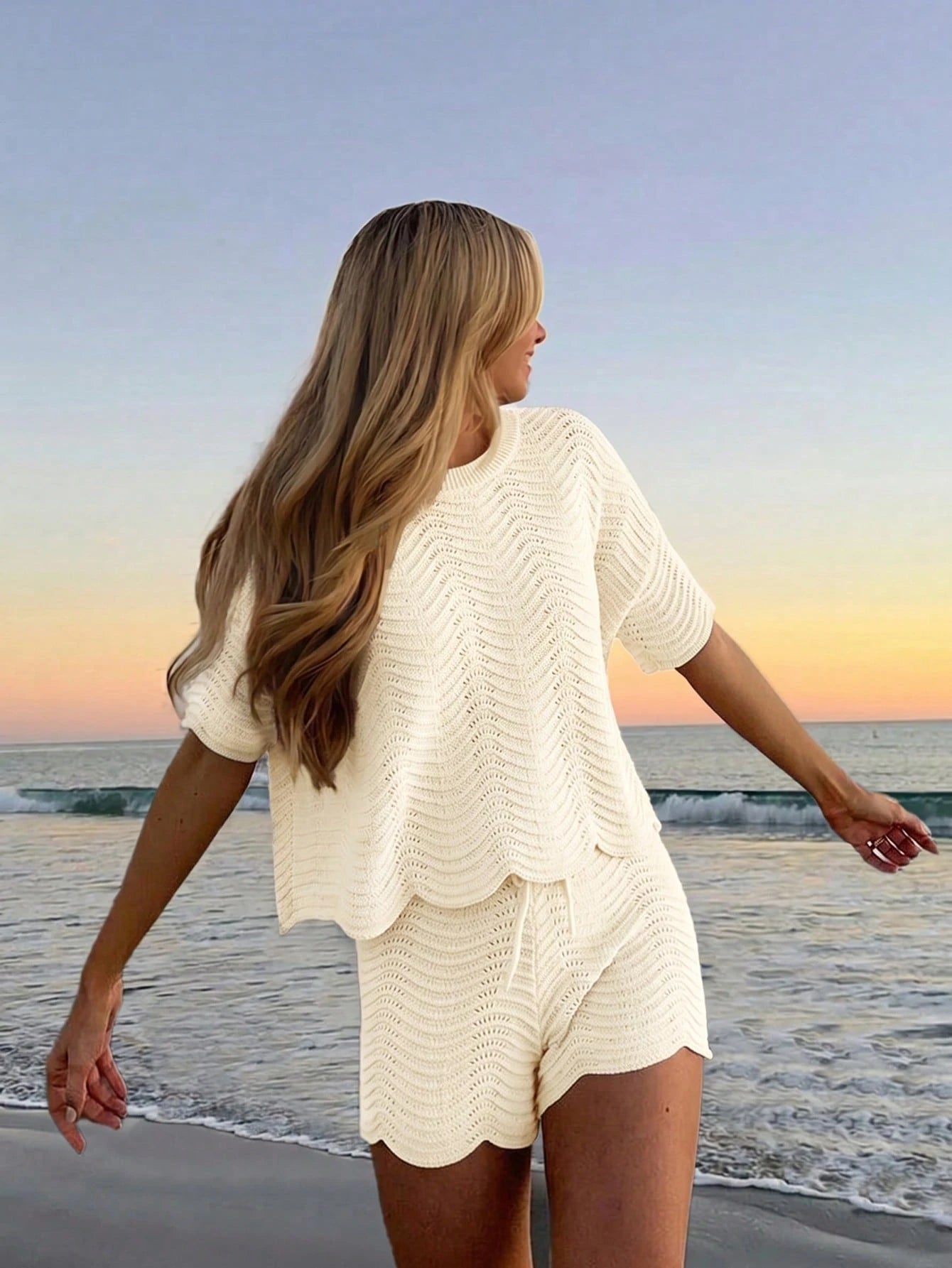 Women's Summer White Bohemian Style Casual Vacation Beach Crochet Round Neck Semi-Sheer Loose Crop Top And Shorts Set