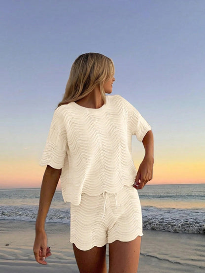 Women's Summer White Bohemian Style Casual Vacation Beach Crochet Round Neck Semi-Sheer Loose Crop Top And Shorts Set