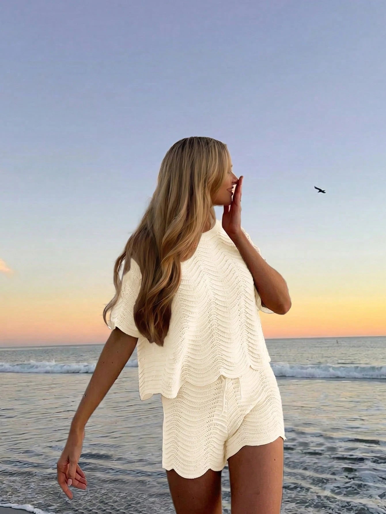 Women's Summer White Bohemian Style Casual Vacation Beach Crochet Round Neck Semi-Sheer Loose Crop Top And Shorts Set