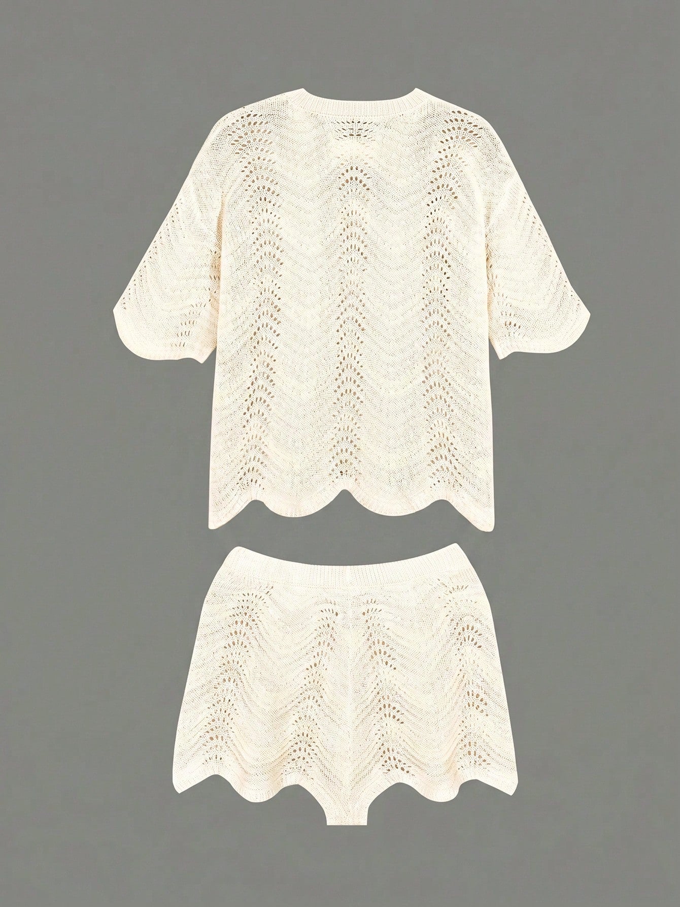 Women's Summer White Bohemian Style Casual Vacation Beach Crochet Round Neck Semi-Sheer Loose Crop Top And Shorts Set