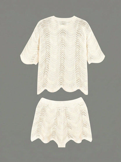 Women's Summer White Bohemian Style Casual Vacation Beach Crochet Round Neck Semi-Sheer Loose Crop Top And Shorts Set