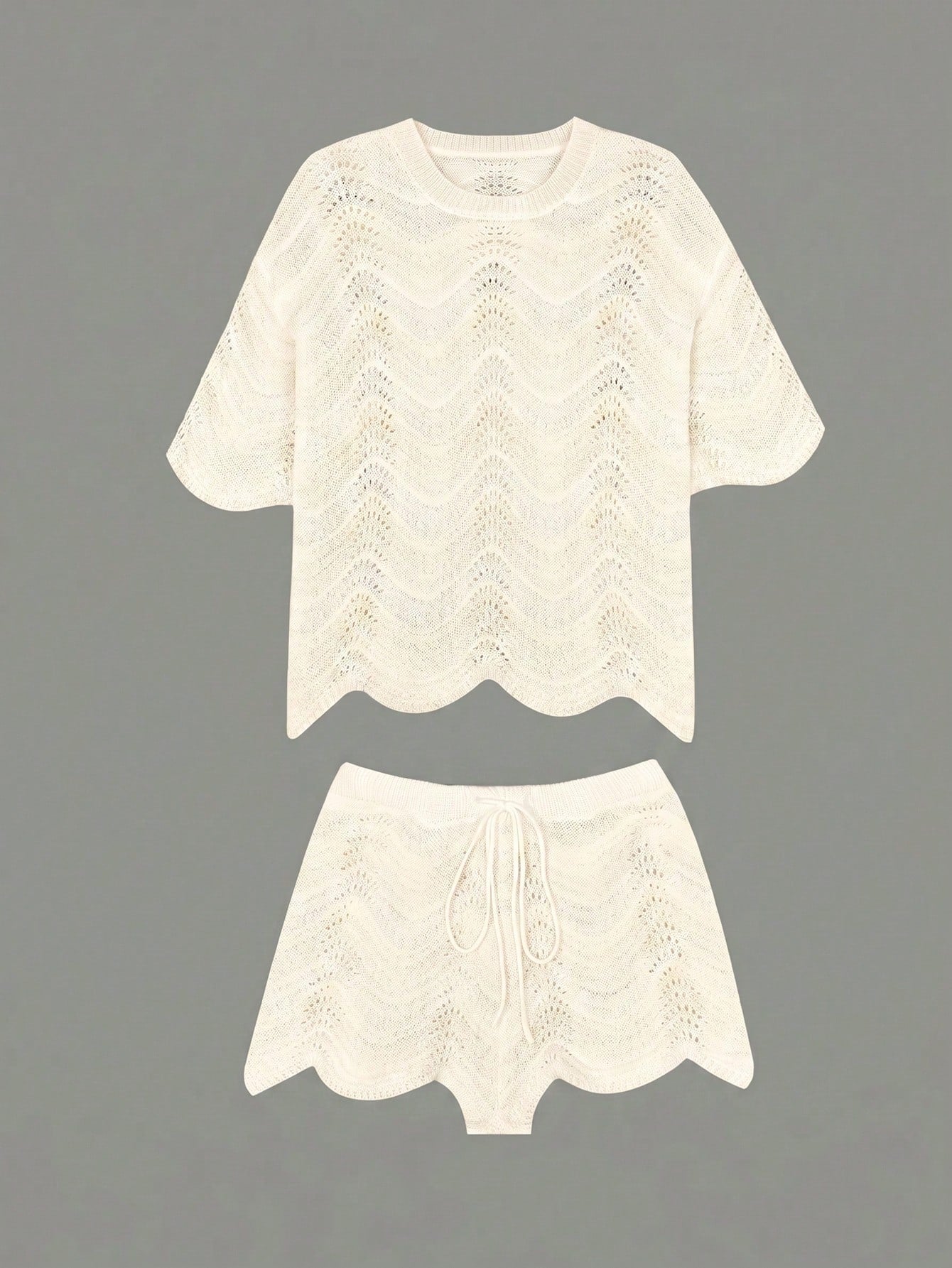 Women's Summer White Bohemian Style Casual Vacation Beach Crochet Round Neck Semi-Sheer Loose Crop Top And Shorts Set