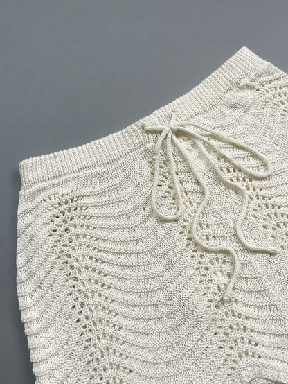 Women's Summer White Bohemian Style Casual Vacation Beach Crochet Round Neck Semi-Sheer Loose Crop Top And Shorts Set