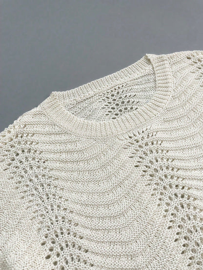 Women's Summer White Bohemian Style Casual Vacation Beach Crochet Round Neck Semi-Sheer Loose Crop Top And Shorts Set
