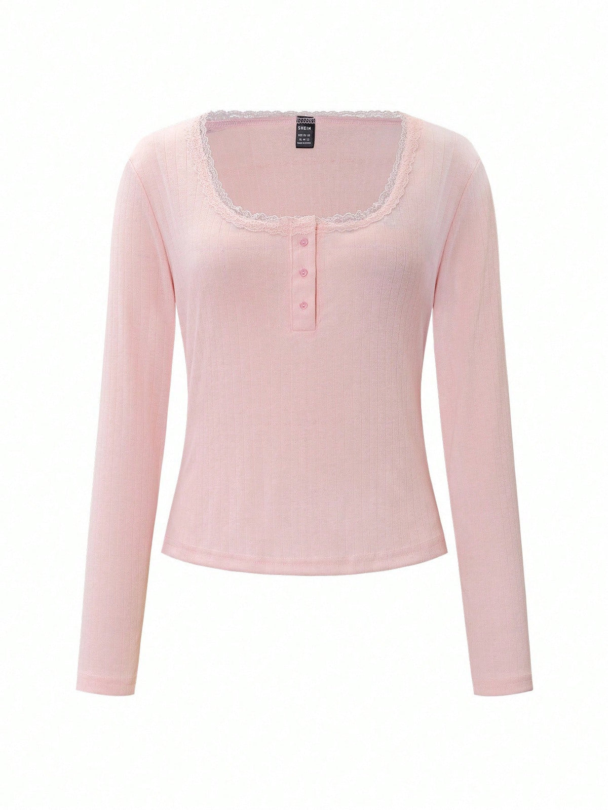 Women's Sweet Lace Trim Long Sleeve T-Shirt, Slim Fit 3-Button Casual White Tee Tops Summer Fall Cloth For Women