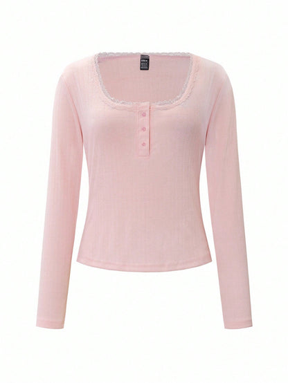 Women's Sweet Lace Trim Long Sleeve T-Shirt, Slim Fit 3-Button Casual White Tee Tops Summer Fall Cloth For Women