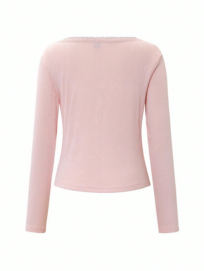 Women's Sweet Lace Trim Long Sleeve T-Shirt, Slim Fit 3-Button Casual White Tee Tops Summer Fall Cloth For Women
