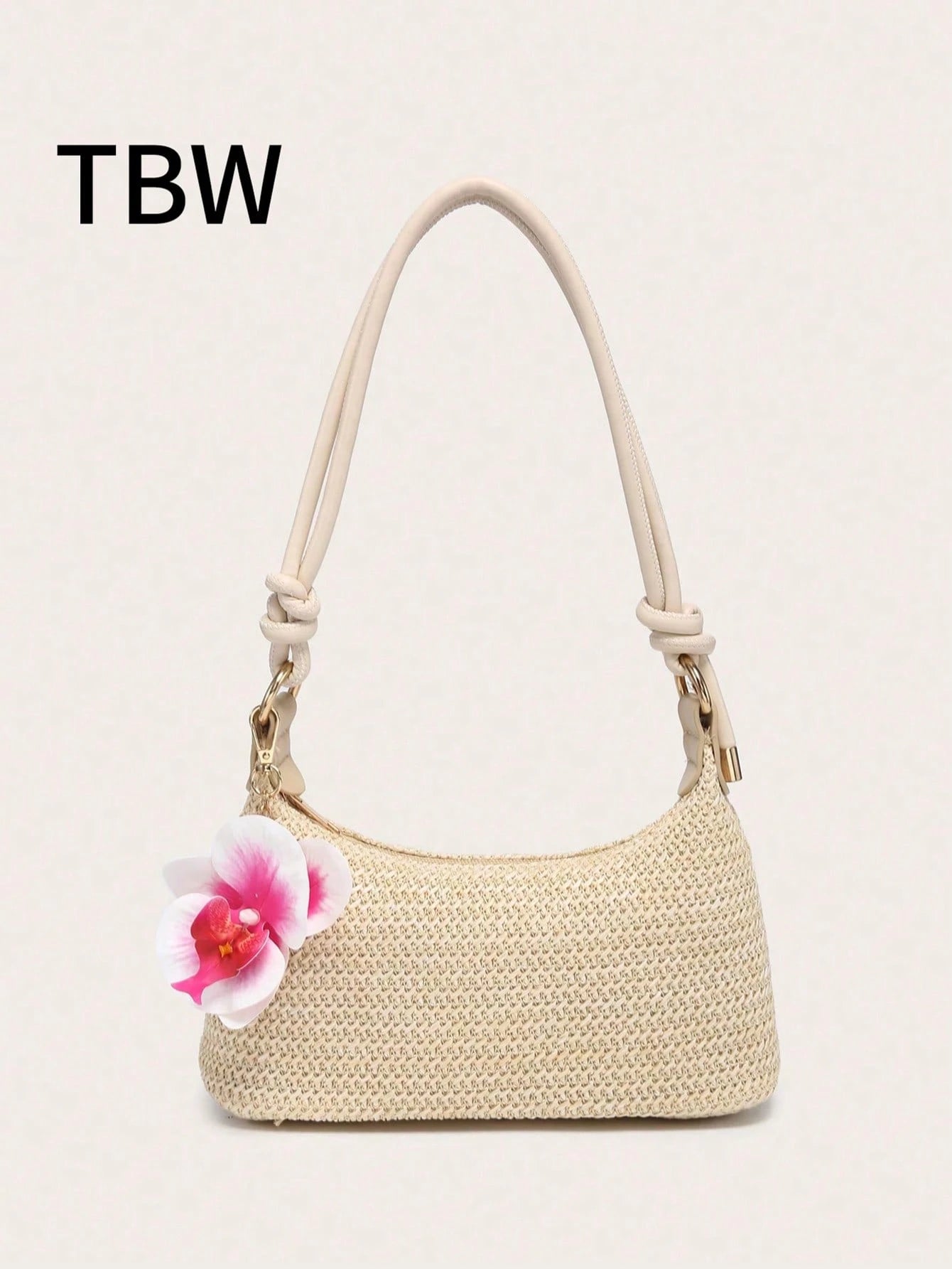 Women's Underarm Shoulder Bag, PU Rope Flower Pendant, Large Capacity, Lightweight, Casual Fashionable Beach Vacation Style,Straw Bag