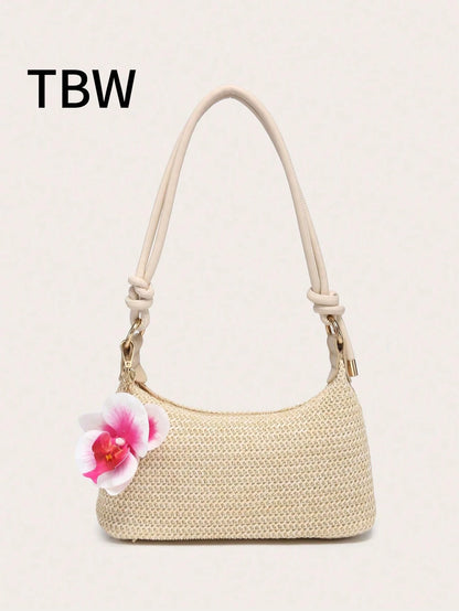 Women's Underarm Shoulder Bag, PU Rope Flower Pendant, Large Capacity, Lightweight, Casual Fashionable Beach Vacation Style,Straw Bag