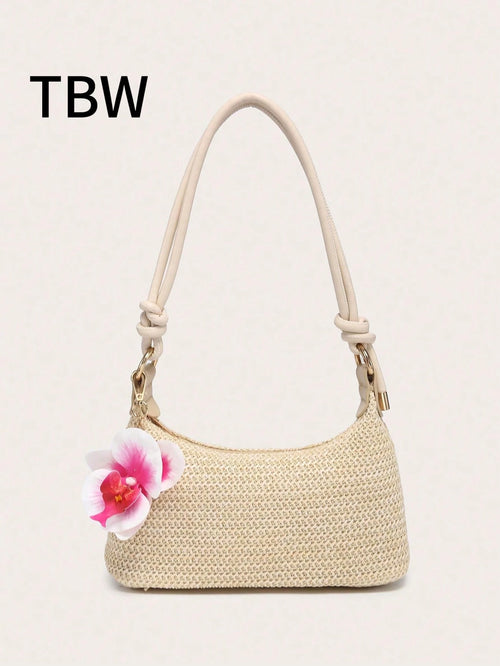 Women's Underarm Shoulder Bag, PU Rope Flower Pendant, Large Capacity, Lightweight, Casual Fashionable Beach Vacation Style,Straw Bag