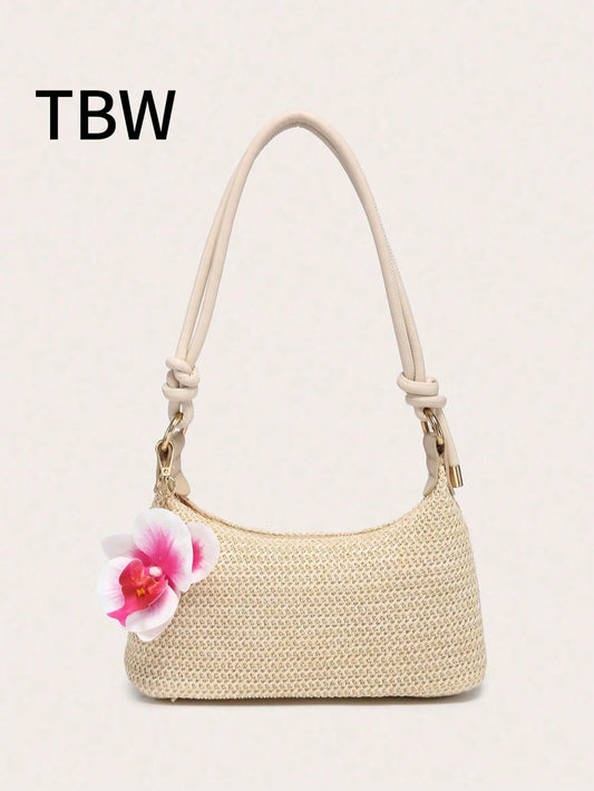 Women's Underarm Shoulder Bag, PU Rope Flower Pendant, Large Capacity, Lightweight, Casual Fashionable Beach Vacation Style,Straw Bag