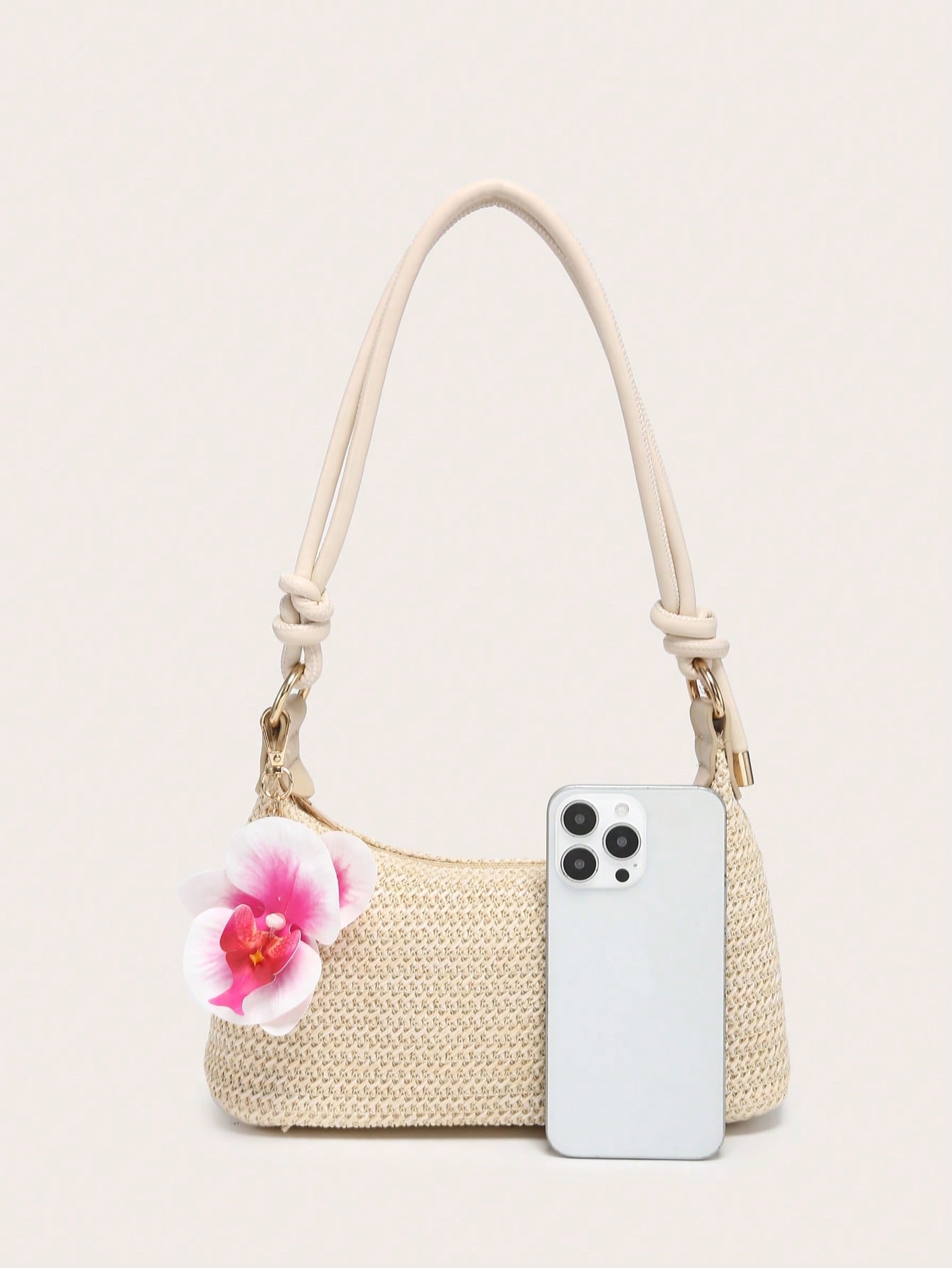 Women's Underarm Shoulder Bag, PU Rope Flower Pendant, Large Capacity, Lightweight, Casual Fashionable Beach Vacation Style,Straw Bag
